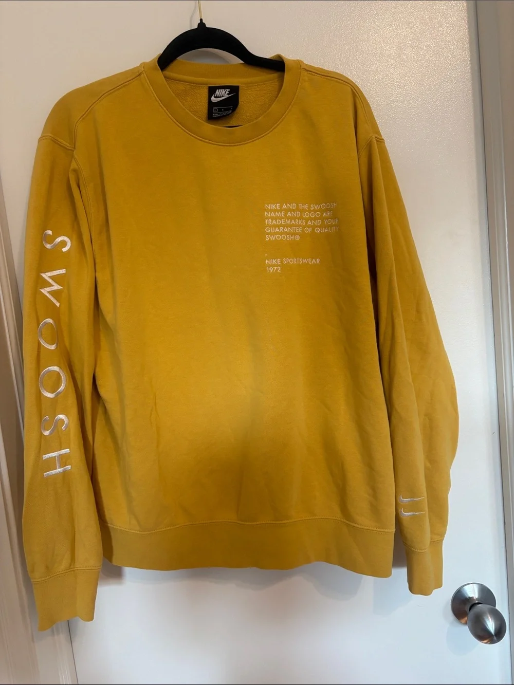 Nike Men’s Crewneck Sweatshirt in Mustard Yellow with White Swoosh Sleeve